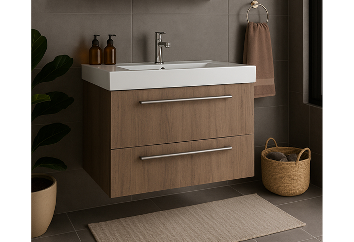 Απεικονίζεται ο πάγκος και ο νιπτήρας του επίπλου μπάνιου